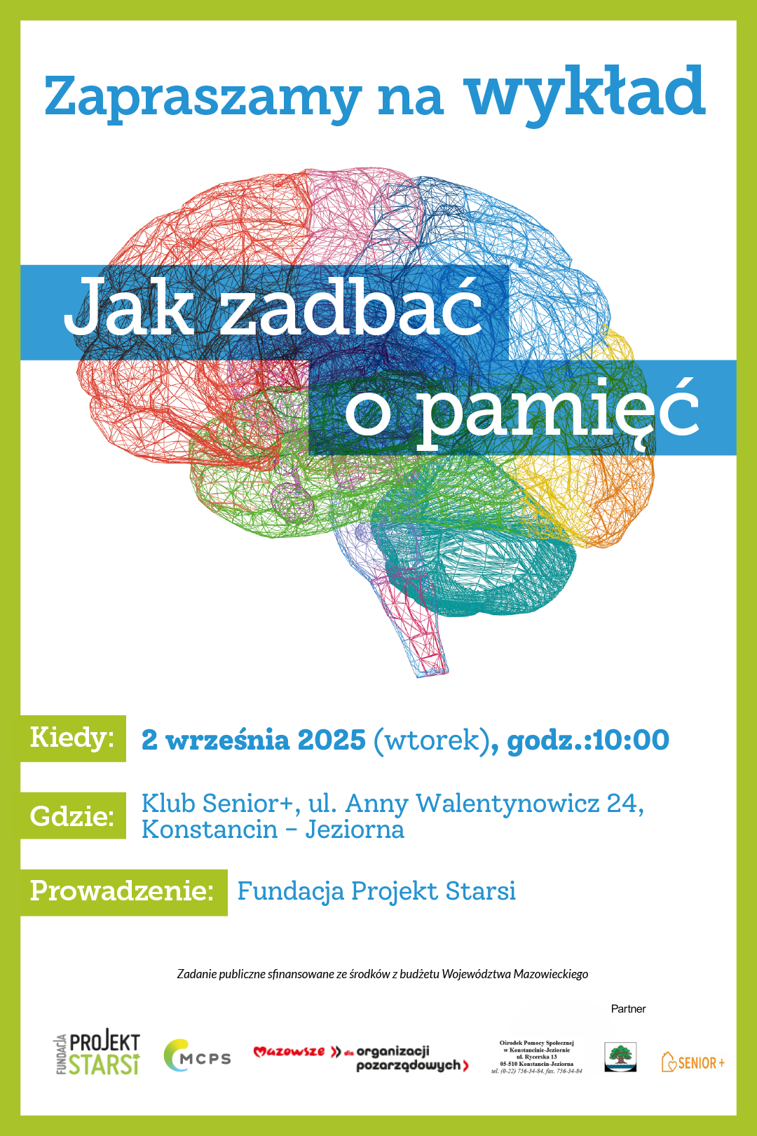 Zapraszamy na wyklad: Jak zadbać o pamięć. 2 września 2025 r w Klubie Senior +