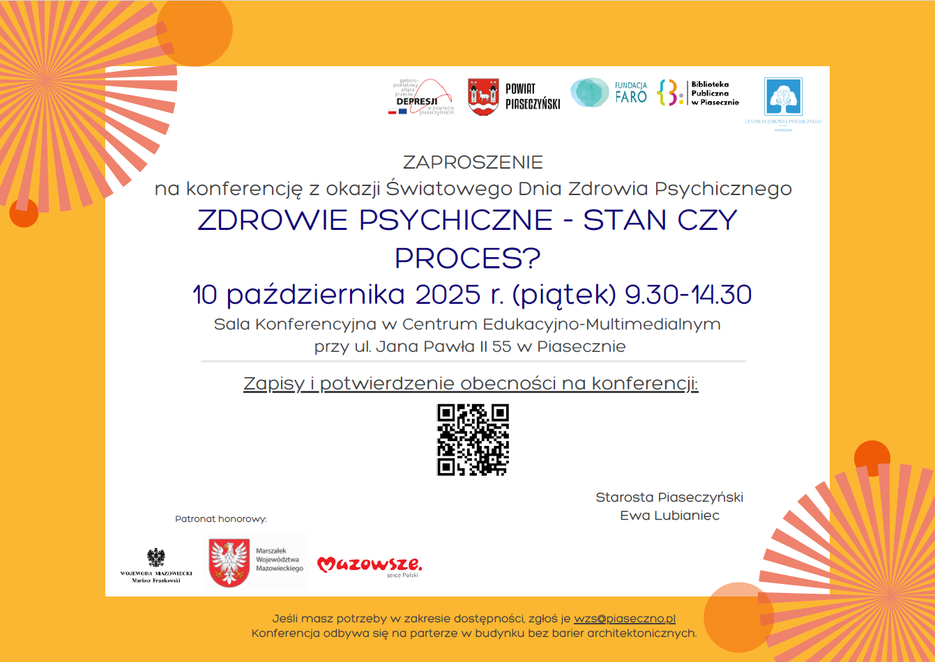 Zaproszenie Zaproszenie ka konferencję, logo Wojewody, Marszałka Województwa, Powiatu, Alians Przeciw Depresji, Biblioteka Publicnza w Pisecznie, Centrum Zdrowia psychicznego. Kod QR do zapisów.