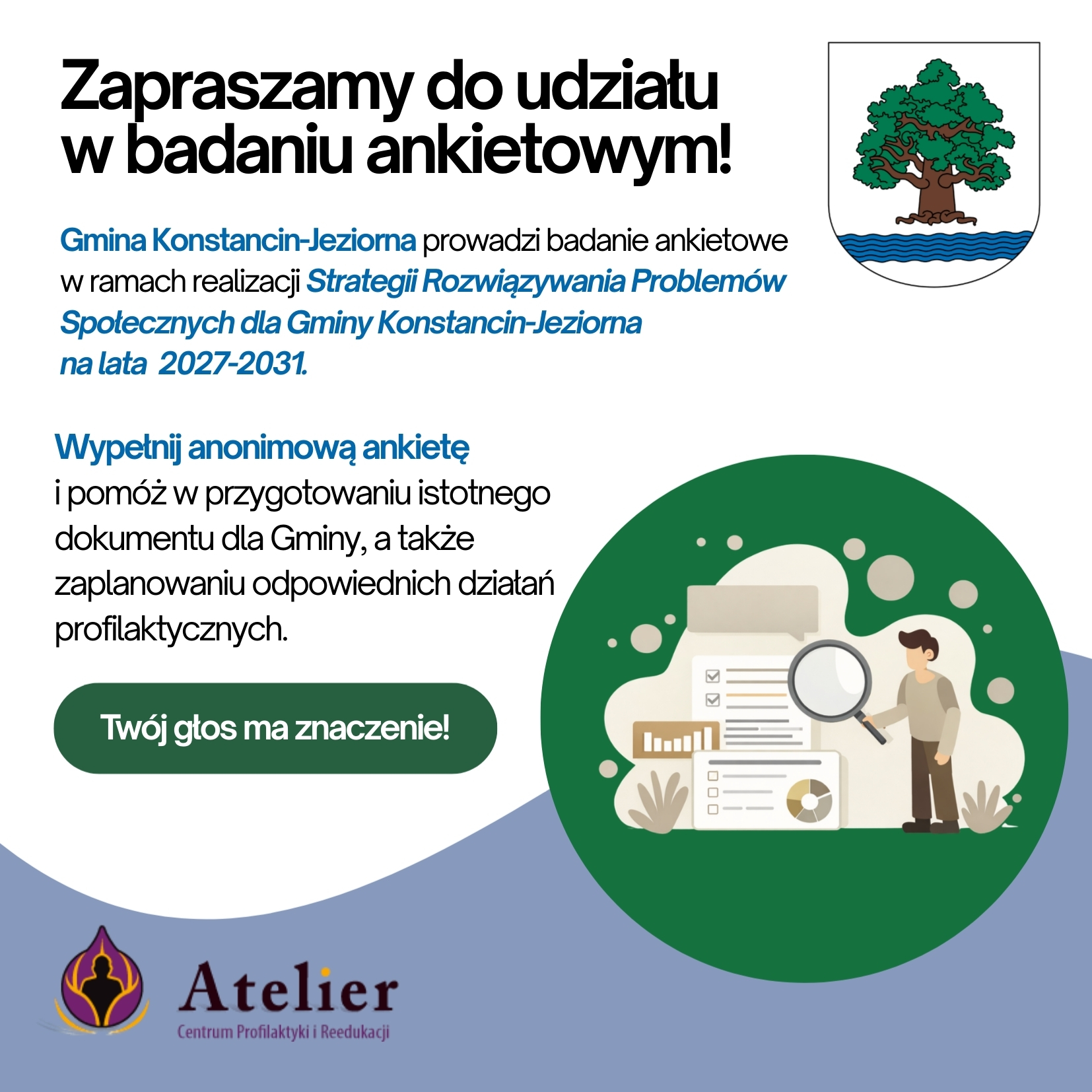 Zaproszenie do wzięcia udziału w badaniu ankietowym. Herb Gminy i Logo Atelier- realizatora