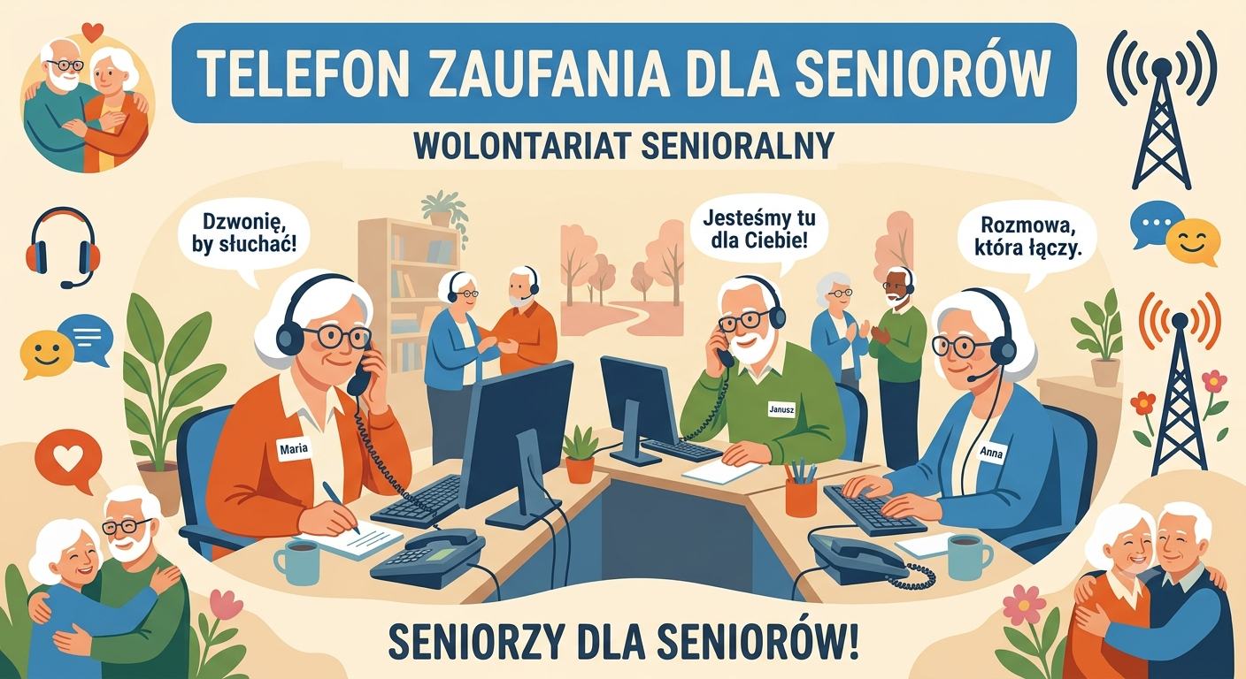 Grafkika przestawiająca senior&oacute;w przed koputerami ze słuchawkami telefonicznymi.